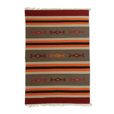 Indian Striped Wool Area Rug in Claret and Dark Taupe (4x6)