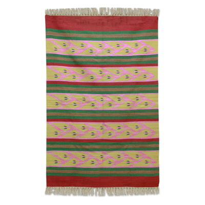 Striped Wool Area Rug with Vine Motifs (4x6) from India