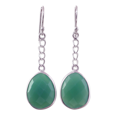Green Onyx Sterling Silver Dangle Earrings from India