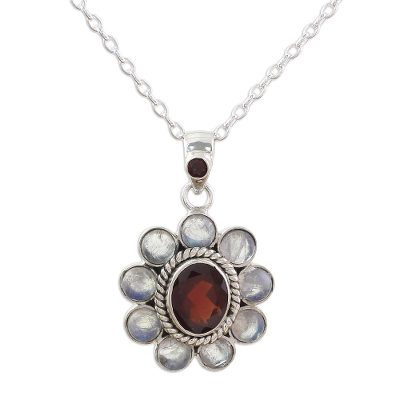 Rainbow Moonstone Garnet Sterling Silver Pendant Necklace