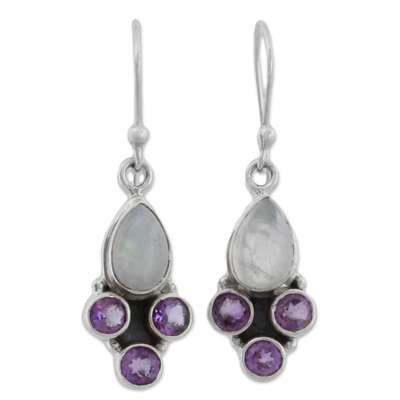 Rainbow Moonstone and Amethyst Dangle Earrings from India
