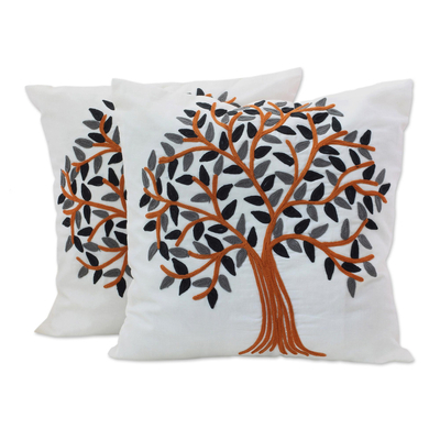Embroidered Cotton Cushion Covers Pumpkin Tree (Pair) India