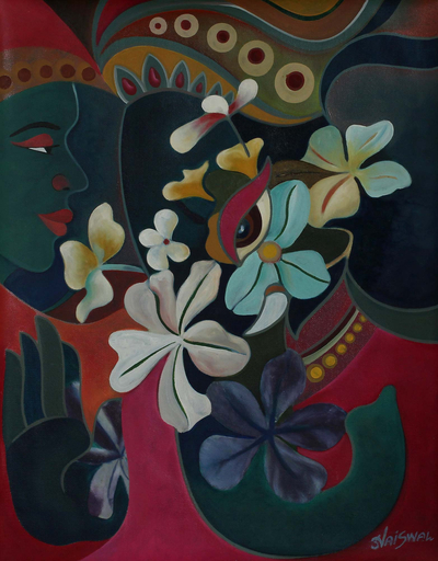 Floral Expressionist Painting of Faces from India