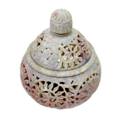 Hand Crafted Indian Soapstone Jar and Lid with Floral Motifs