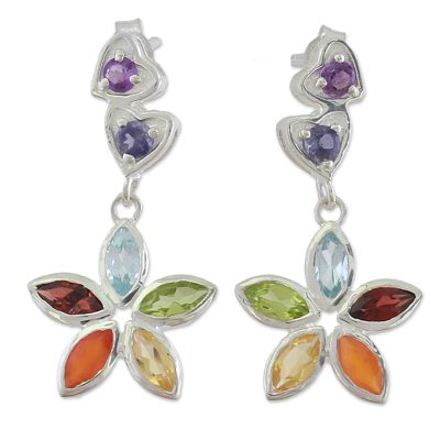 Multi Gemstone and Sterling Silver Floral Heart Earrings