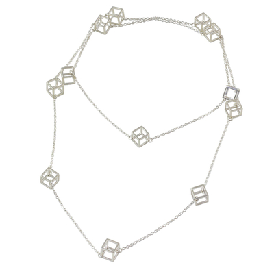 Long Sterling Silver Cube Station Necklace from India