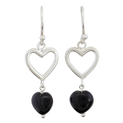 Sterling Silver Black Onyx Heart Dangle Earrings from India