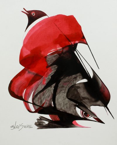 Signed Indian Nature Painting of a Bird and a Fish