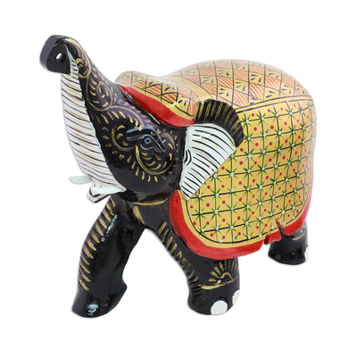 Handcrafted Black Elephant Wood Figurine with Golden Coat