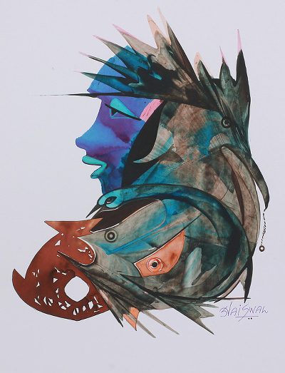 Multicolored Signed Cubist Painting from India