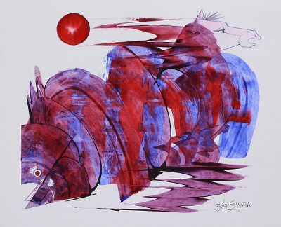 Red and Blue Cubist Painting of Horses and Fish from India