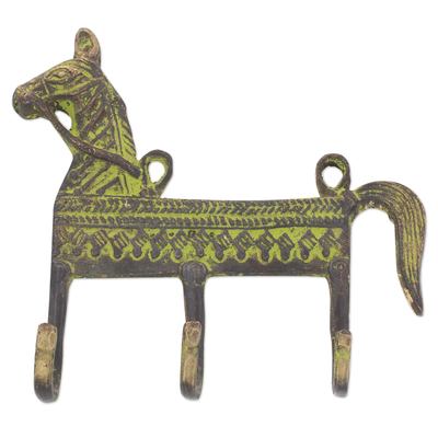 Antiqued Brass Horse Theme 3.Hook Coat Rack from India