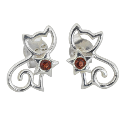 Fair Trade Garnet Sterling Silver Cat Button Earring