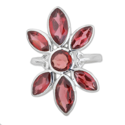 Handcrafted Garnet and Sterling Silver Floral Cocktail Ring