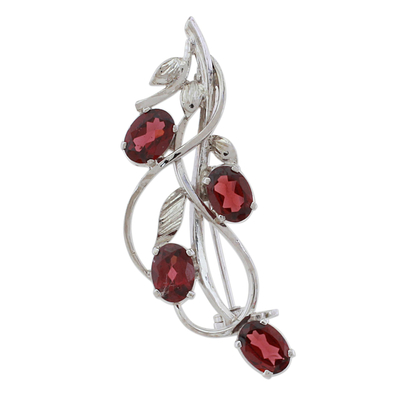 Garnet and Sterling Silver Leafy Brooch from India
