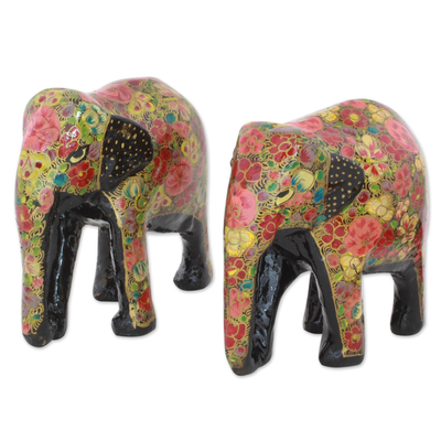 Indian Wooden Sculpture Set of 2 Painted Floral Elephants
