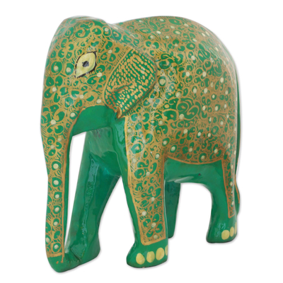 Papier Mache on Wood Green and Gold Elephant Sculpture