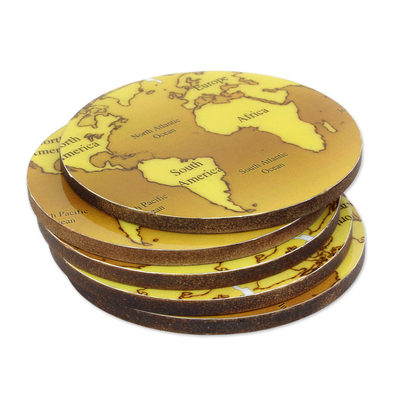 5 Round Laminated Wood Coasters in Brown from India