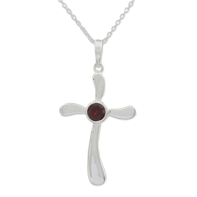 Garnet and Sterling Silver Indian Cross Pendant Necklace