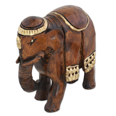 Hand Carved Kadam Wood Elephant Sculpture with Gold Tone