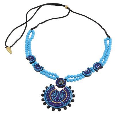 Blue Ceramic Pendant Necklace Designed by an Indian Artisan