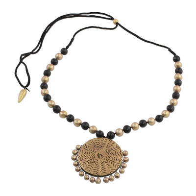 Gold Tone and Black Ceramic Pendant Necklace from India