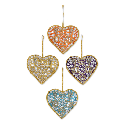 4 Heart Shaped Multicolored Embroidered Ornaments from India