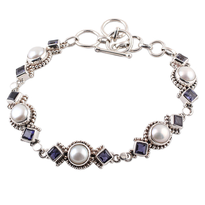 Iolite and Cultured Pearl Link Bracelet from India