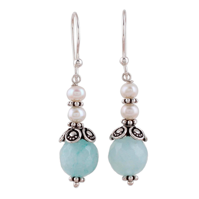 Aqua Aventurine and Cultured Pearl Dangle Earrings