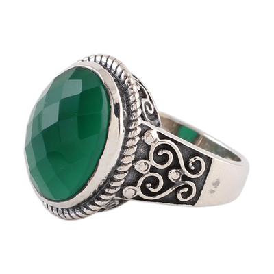 Unique Green Onyx Sterling Silver Ornate Cocktail Ring