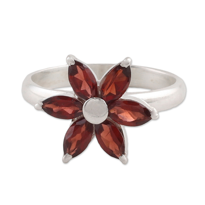 Garnet and Sterling Silver Floral Ring from India