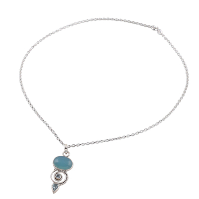 Blue Topaz and Chalcedony Pendant Necklace from India