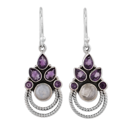 Amethyst and Rainbow Moonstone Dangle Earrings from India