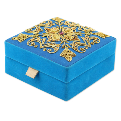 Blue Embroidered Decorative Wood Box from India