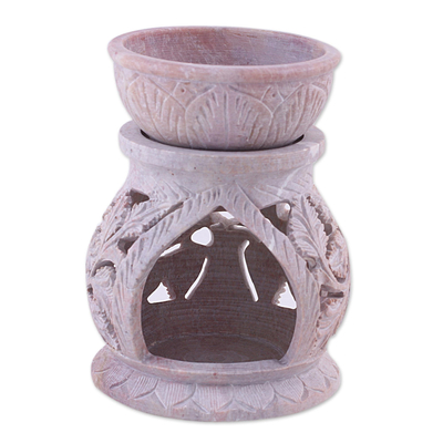 Handcrafted Leaf Motif Soapstone Oil Warmer from India