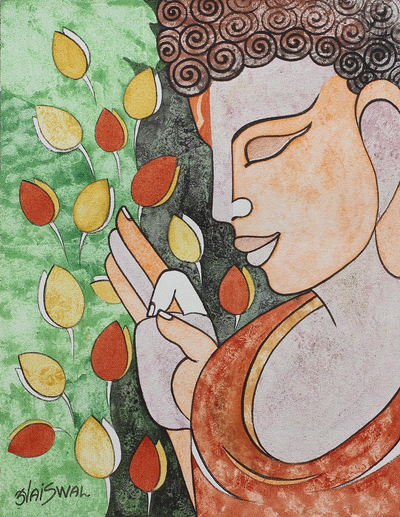 India Modern Cubist Painting of a Young Buddha