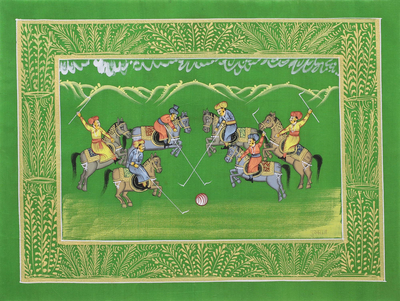 Indian Polo Game Theme Signed Miniature Painting on Silk