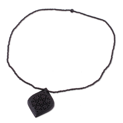 Beaded Ebony Wood Necklace with Hand Carved Leaf Pendant