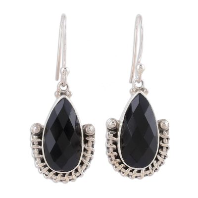 Handmade Onyx and Sterling Silver Dangle Earrings from India