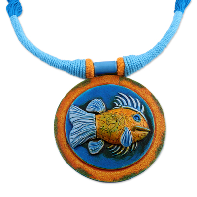 Ceramic and Cotton Fish Pendant Necklace in Blue from India