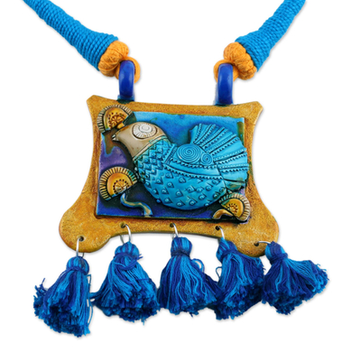 Ceramic and Cotton Bird Pendant Necklace in Blue from India