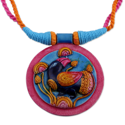 Colorful Ceramic and Cotton Bird Pendant Necklace from India