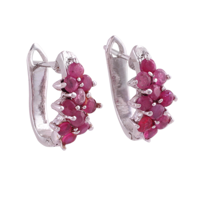 Red Ruby and Sterling Silver Half Hoop Earrings from India