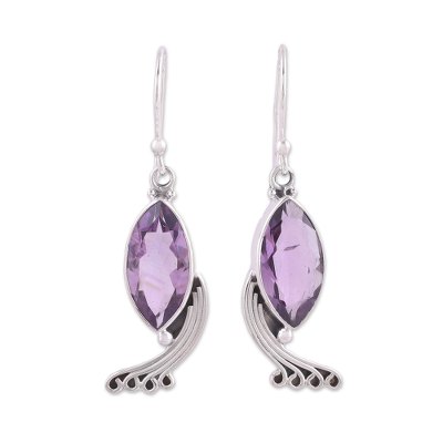 Indian Amethyst and Sterling Silver Peacock Dangle Earrings