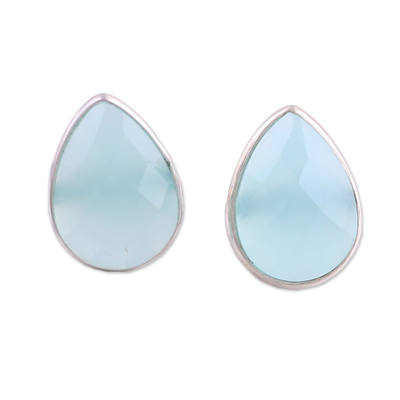 Aqua Chalcedony Sterling Silver Button Earrings from India