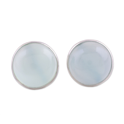 Aqua Chalcedony Round Button Earrings from India