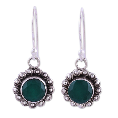 Green Onyx and Sterling Silver Floral Dangle Earrings
