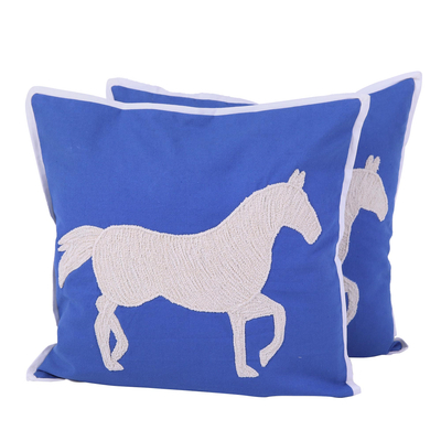 Blue and Ivory Horse Motif Cushion Covers (Pair)
