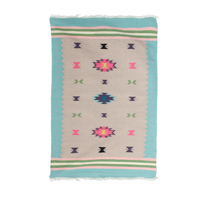 4x6 Handwoven Wool Dhurrie Rug in Aqua from India