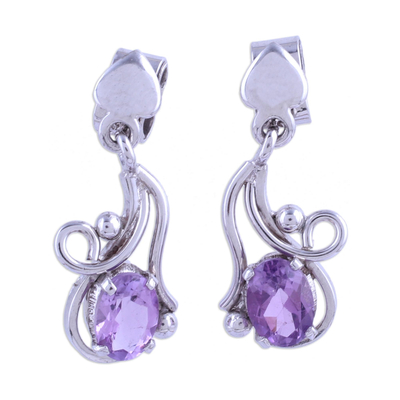 Rhodium Plated Amethyst Leaf Dangle Earrings from India